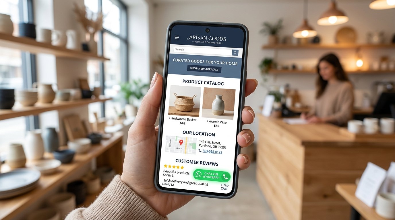 Mobile website preview with direct 1-click WhatsApp customer button